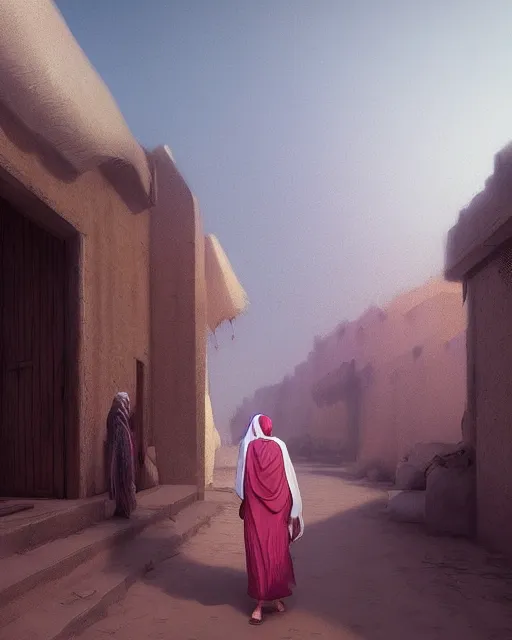 Image similar to beautiful bedouin walking to mosque, detailed portrait, cell shaded, 4 k, vivid colours, concept art by wlop, ilya kuvshinov, artgerm, krenz cushart, greg rutkowski, pixiv. cinematic dramatic atmosphere, sharp focus, volumetric lighting, cinematic lighting, studio quality