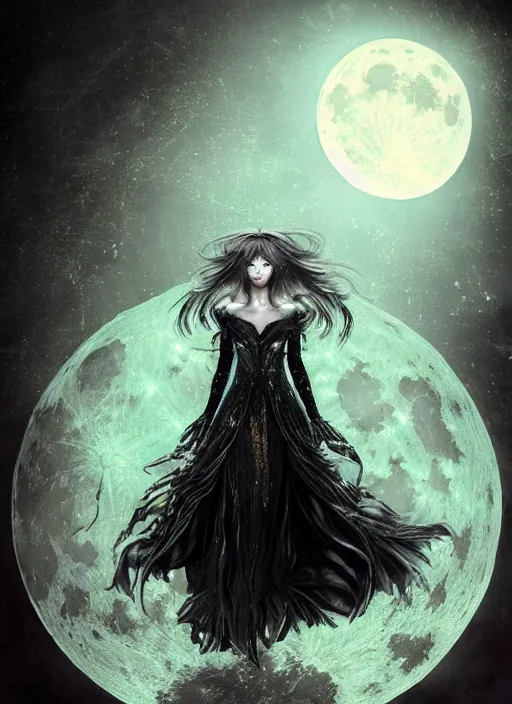 Image similar to glowing silver and golden elements, portrait, A beautiful dark witch in front of the full big moon, book cover, green forest, red white black colors, establishing shot, extremly high detail, foto realistic, cinematic lighting, pen and ink, intricate line drawings, by Yoshitaka Amano, Ruan Jia, Kentaro Miura, Artgerm, post processed, concept art, artstation, matte painting, style by eddie, raphael lacoste, alex ross