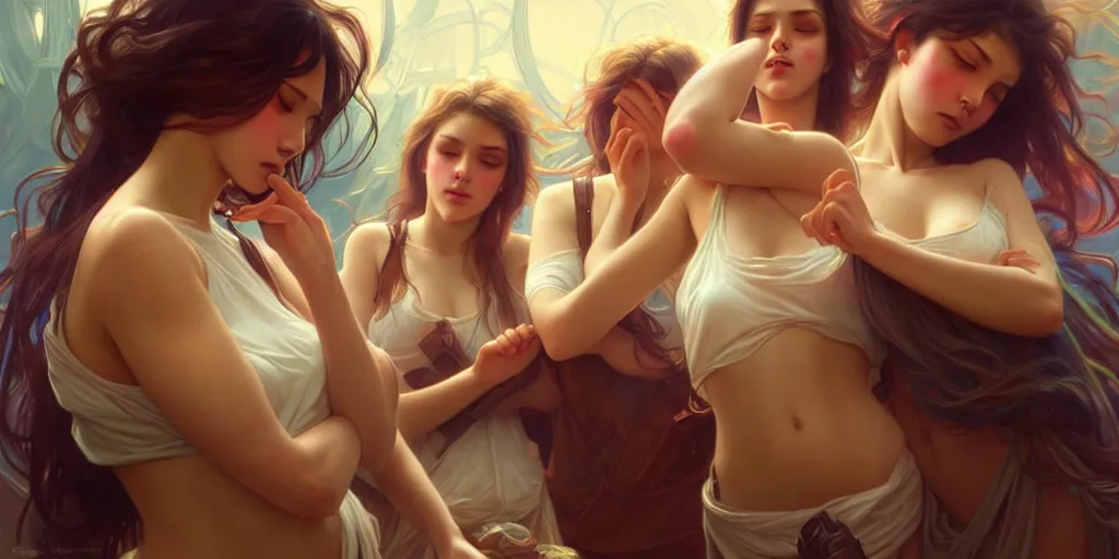 Image similar to three beautiful college girls rolling on ecstasy covered in sweat and dilated pupilsl, highly detailed, digital painting, artstation, concept art, matte, sharp focus, illustration, art by artgerm and greg rutkowski and alphonse mucha