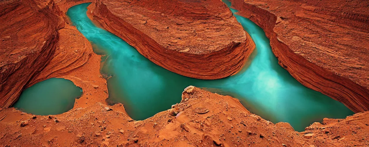 Image similar to A river on Mars, canyon, landscape photograph, award winning, highly detailed