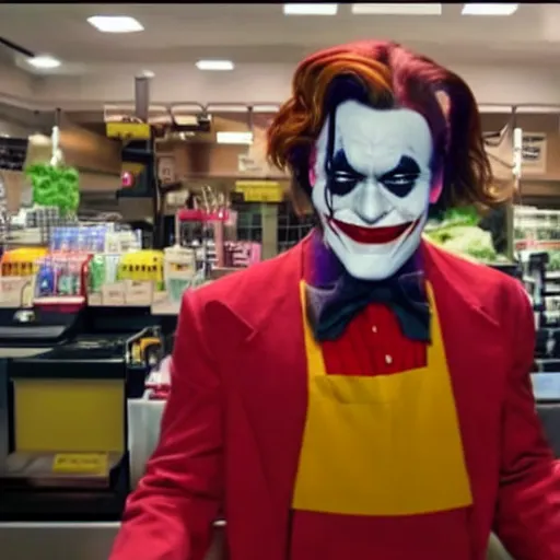 Image similar to joaquin phoenix joker working as a cashier at mcdonalds