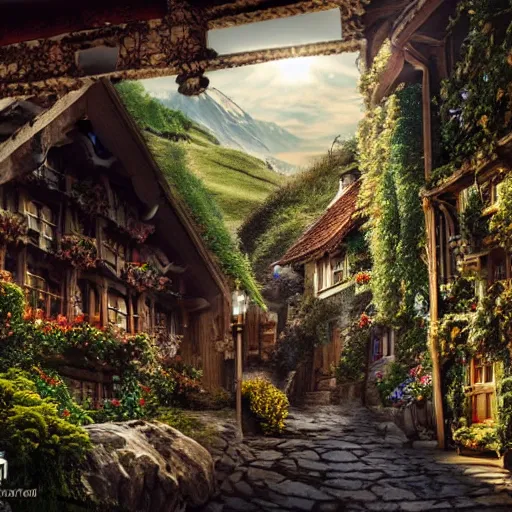 Image similar to my precious! - the hobbit - j. r. r. tolkien - a medieval village in switzerland, ornate, beautiful, atmosphere, vibe, flowers, concept art illustration, greg rutowski, volumetric lighting, sunbeams, particles