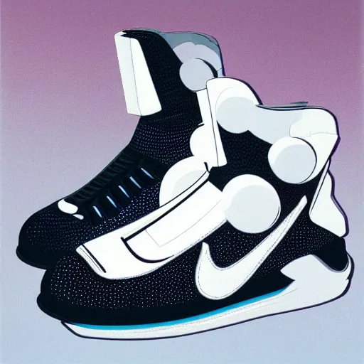 Image similar to retro futuristic Nike Space Hippie sneakers by syd mead, knitted mesh material, matte painting, geometric shapes