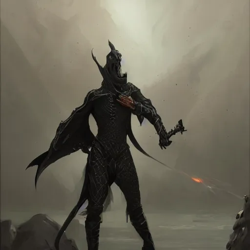 Prompt: reflective black-scaled thin DnD lizardborn wearing a biker jacket and holding a scimitar, DnD Character, Oil Painting, Greg Rutkowski, beautiful portrait, trending on artstation, character, smug