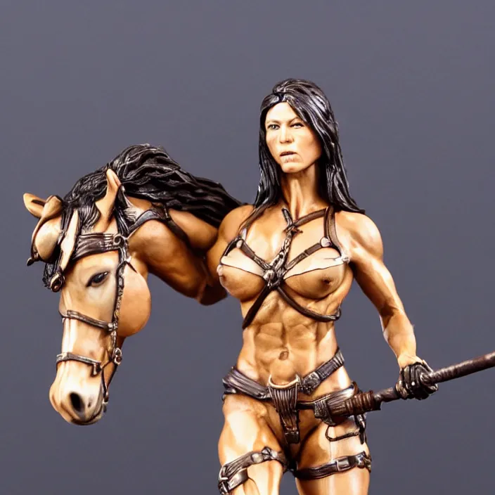 Image similar to 80mm resin detailed miniature of a Muscular Woman warrior standing next to a Horse, beautiful bone structure, symmetrical facial features, Product Introduction Photos, 4K, Full body, simple background