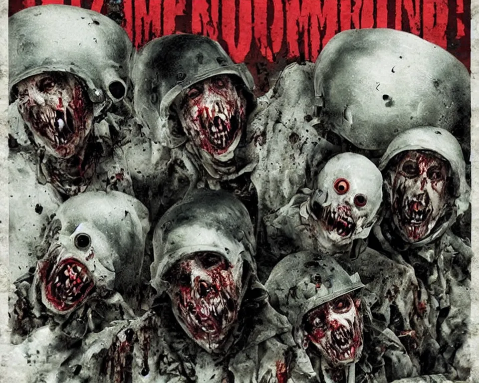 Image similar to a horror movie poster featuring zombie snowmen wearing army helmets
