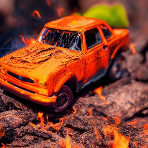 Image similar to macro photography of a toy hot wheels car driving through a forest fire, 3 5 mm