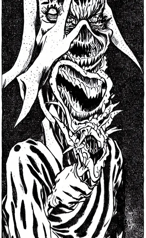 Image similar to full body portrait of villainous jester, dark, twisted, manga, comic, by junji ito. twisted. horror.