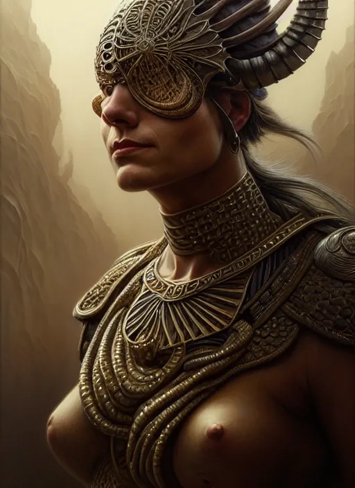 Image similar to portrait shot of an ancient warrior, intricate, elegant, highly detailed, centered, digital painting, artstation, concept art, smooth, sharp focus, illustration, artgerm, tomasz alen kopera, peter mohrbacher, donato giancola, joseph christian leyendecker, wlop, boris vallejo