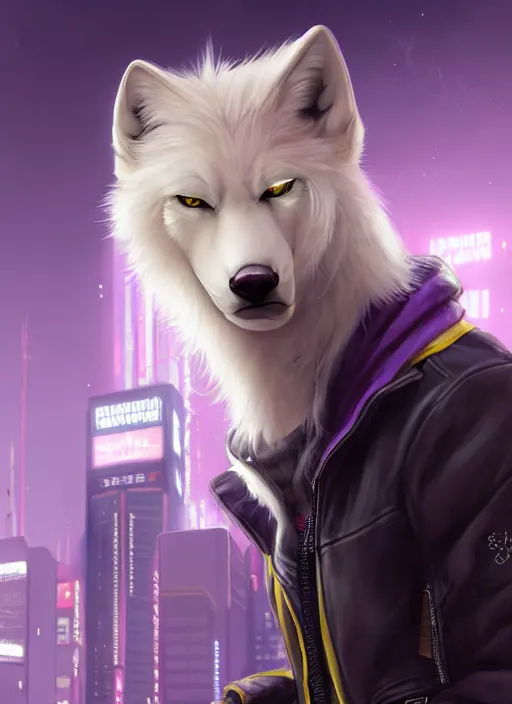 Image similar to award winning beautiful portrait commission of a male furry anthro albino wolf fursona with a tail and a cute beautiful attractive detailed furry face wearing stylish black, purple and yellow cyberpunk biker clothes standing on top of a high rise in a cyberpunk city at night while it rains. Character design by charlie bowater, ross tran, artgerm, and makoto shinkai, detailed, inked, western comic book art