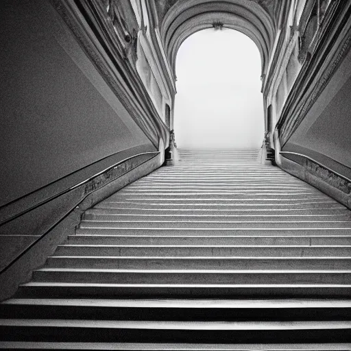 Prompt: black and white surreal photograph, highly detailed vast space made of stairsteps, sideview, detailed textures, natural light, mist, architecture photography, film grain, soft vignette, sigma 1 4 mm f / 1. 4 1 / 1 0 sec shutter, imax 7 0 mm footage