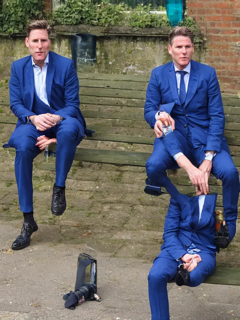 Image similar to Sir Kier Starmer in a blue suit wearing a flat cap on his head sitting on a bench alone holding a large plastic green bottle of cider, at his feet are empty cans and bottles