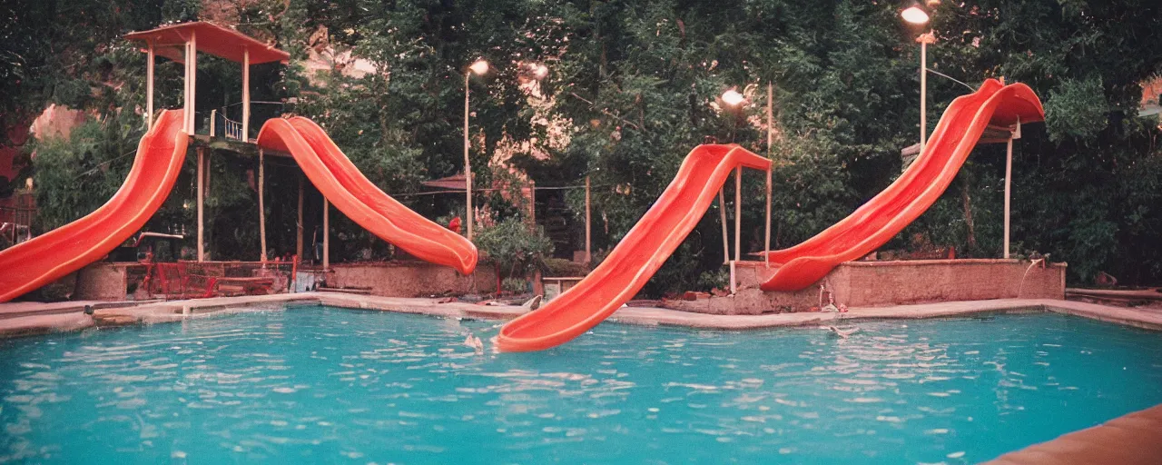 Image similar to a pool filled with spaghetti, marinara sauce coming down a slide, party, canon 5 0 mm, cinematic lighting, photography, retro, film, kodachrome