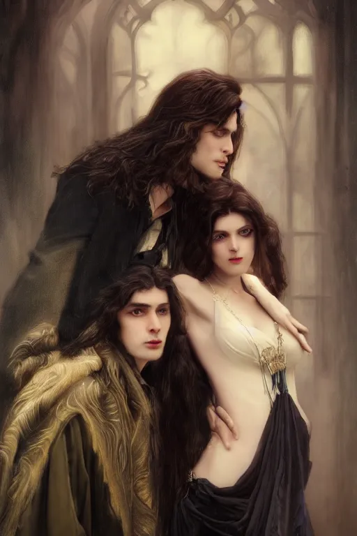 Prompt: a portrait of handsome young male vampire with long hair and his elegant beautiful dark bohemian wife, bored, illustration, dramatic lighting, soft details, painting oil on canvas, art nouveau, octane render, HDR, 4k, 8k, HD, by Edmund Blair Leighton, Brom, Charlie Bowater, trending on artstation, faces by Tom Bagshaw, Sargent