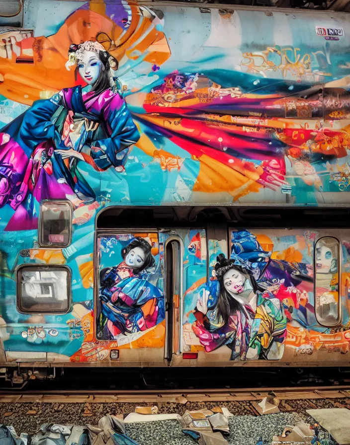 Prompt: semi semi realistic digital painting!! beautiful geisha flying over a colorful subway train yard, grunge, graffiti, tags, dramatic, xray melting colors!!, long lens, shallow depth of field, bokeh, anamorphic lens flare, 8 k, hyper detailed, 3 5 mm film grain