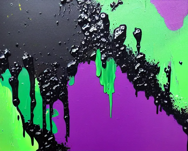 Image similar to abstract painting in black, dark green, purple. 8k, dripping paint, paint spill, extreme detail, intricate detail, masterpiece, trending on artstation,