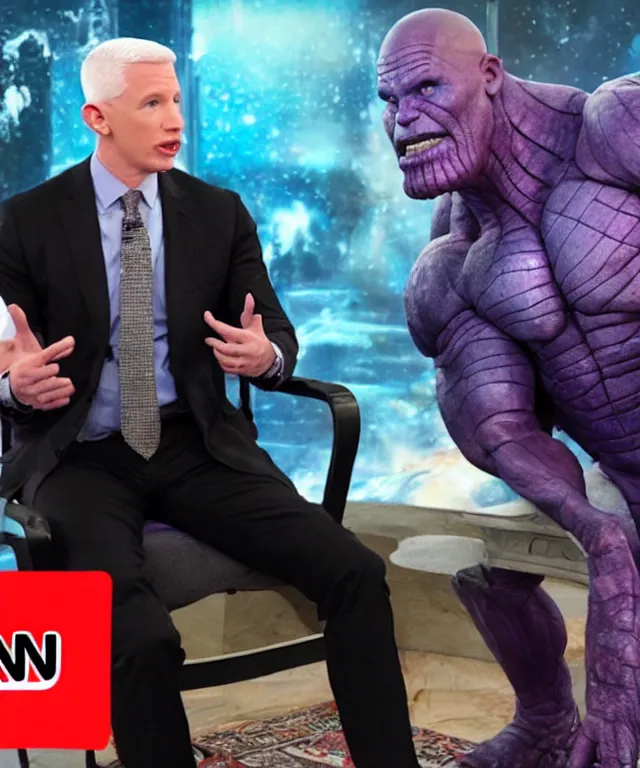 Image similar to anderson cooper interviewing thanos on cnn