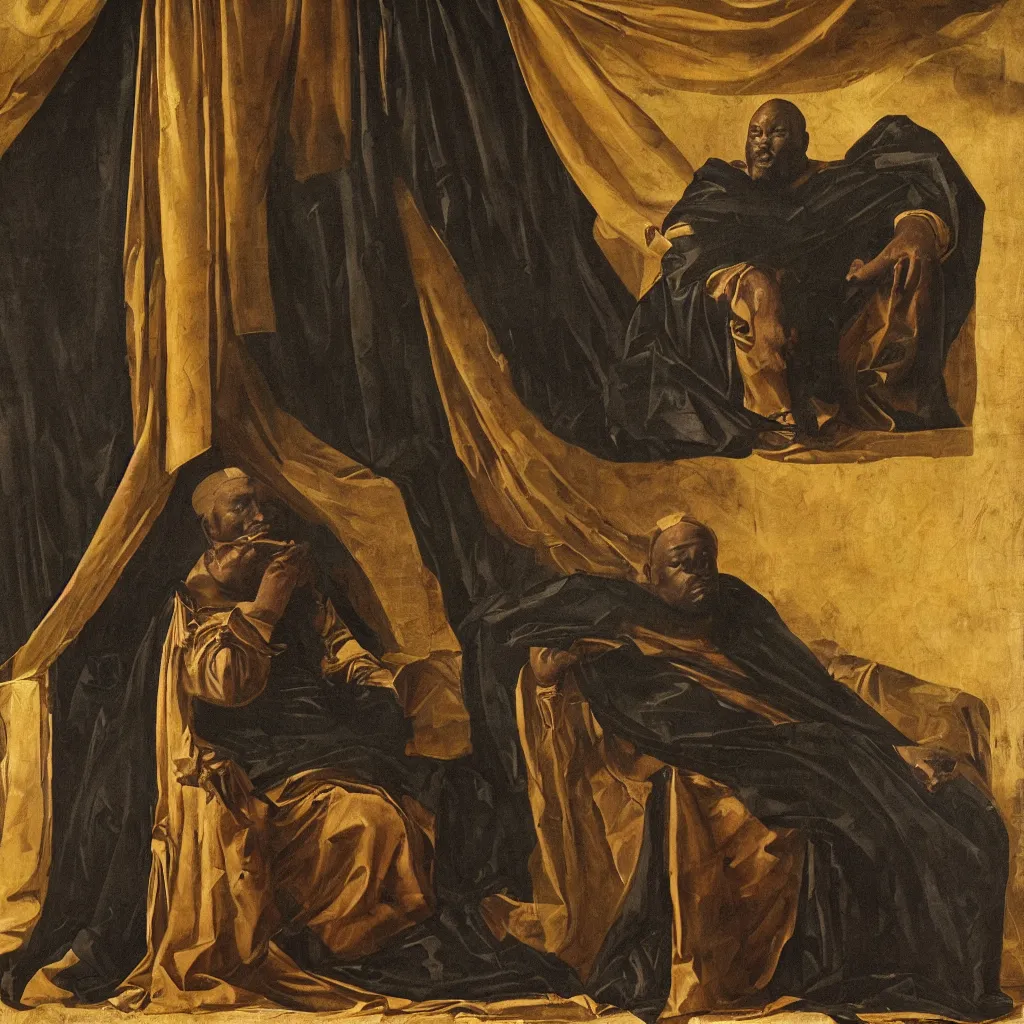 Image similar to Large black man sitting on throne wrapped in silk, background made of large folding curtains, dimly lit, dark, renaissance painting, style of carrivagio