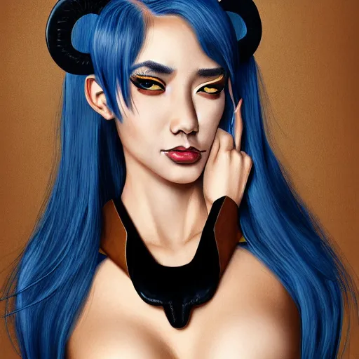 Image similar to illustrated realistic portrait of ram-horned devil woman with blue bob hairstyle and her tan colored skin and with solid black eyes wearing leather by rossdraws