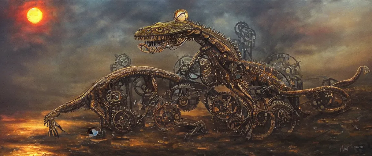 Image similar to beautiful oil painting of a mechanical lizard in a steampunk world, gears, misty, moody, rusty, sunset, rain