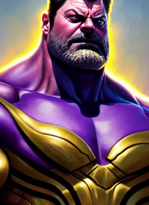 Prompt: portrait of nick offerman as thanos, muscular! fantasy, intricate, elegant, highly detailed, digital painting, artstation, concept art, smooth, sharp focus, illustration, art by artgerm and greg rutkowski and alphonse mucha