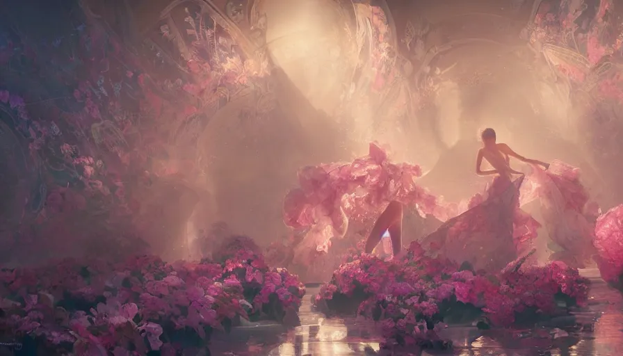 Image similar to victoria secret runway show, light, shadows, reflections, flowers, epic composition, intricate, elegant, volumetric lighting, digital painting, highly detailed, artstation, sharp focus, illustration, concept art, ruan jia, steve mccurry, artgerm and mina petrovic and timothy kong and marina federovna