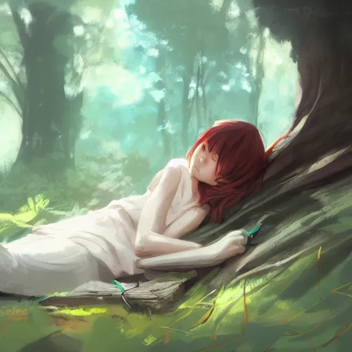 Image similar to a girl sleeping in a forest, she is laying down. in the style of rossdraws, wlop, greg rutkowski, ghibli