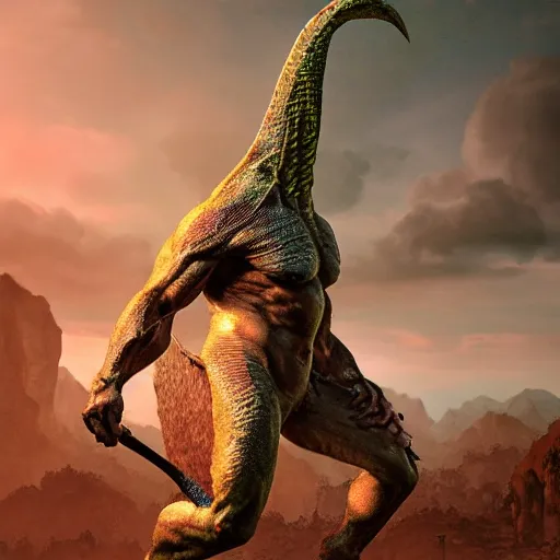 Image similar to realistic fantasy lizardman barbarian, detailed body, realistic body proportions, unreal engine, by popular digital artist, digital, artstation, detailed body, heavenly atmosphere, digital art, overdetailed art, trending on artstation, cgstudio, the most beautiful image ever created, dramatic, award winning artwork, beautiful scenery