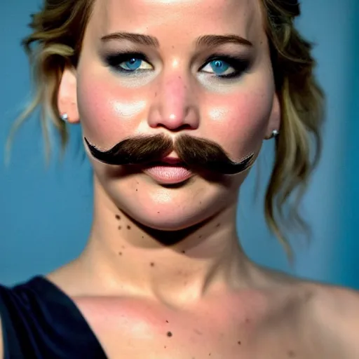 Prompt: Jennifer Lawrence with an epic moustache, award-winning photograph
