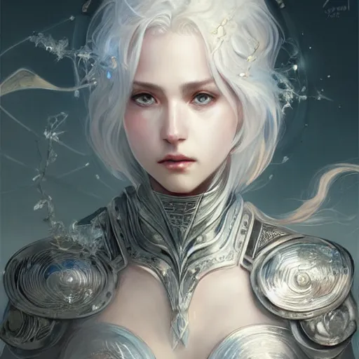 Image similar to portrait white hair knights of Zodiac girl, Sliver ice color reflected armor, in ruined Agora of Athens Sunrise, ssci-fi and fantasy, intricate and very very beautiful and elegant, highly detailed, digital painting, artstation, concept art, smooth and sharp focus, illustration, art by tian zi and WLOP and alphonse mucha