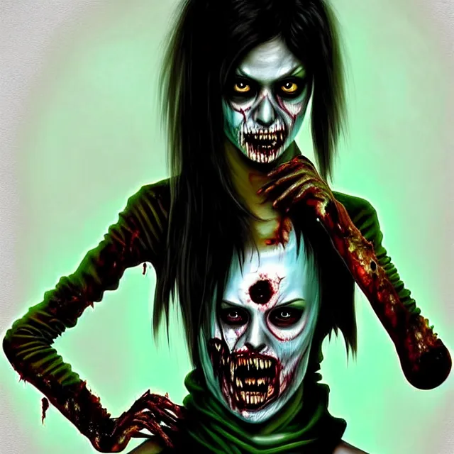 Prompt: epic professional digital airbrushed portrait art of an extremely attractive and fit mid-20s East Indian supermodel emo female zombie wearing a torn, slightly low cut tee shirt under a leather jacket, with deep green eyes, scary portrait, walking dead, best on artstation, cgsociety, wlop, Behance, pixiv, cosmic, epic, stunning, gorgeous,, masterpiece by Dorian Cleavanger and Stanley Lau