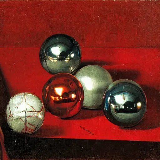 Prompt: chrome spheres on a red cube by frans hals