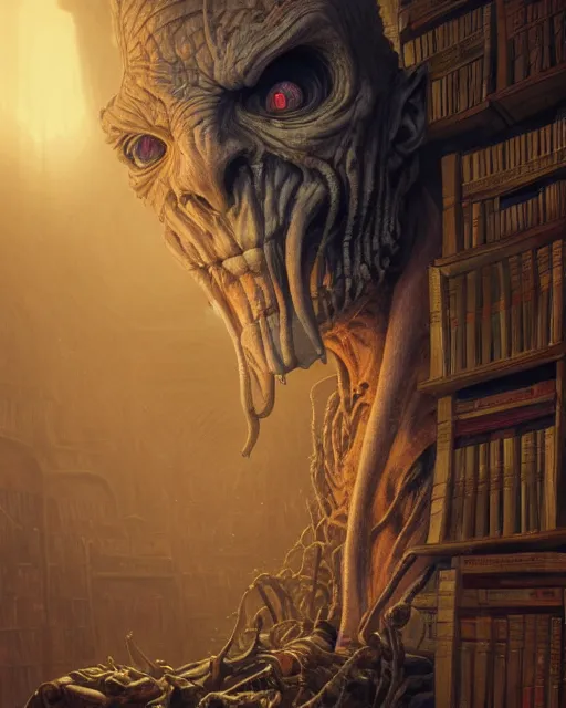 Image similar to highly detailed surreal vfx portrait of a creepy monster in a catacomb of books, stephen bliss, unreal engine, greg rutkowski, loish, rhads, beeple, makoto shinkai and lois van baarle, ilya kuvshinov, rossdraws, tom bagshaw, alphonse mucha, global illumination, detailed and intricate environment