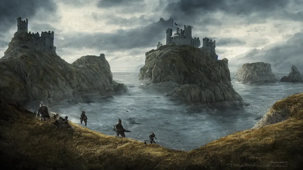 Image similar to fifteenth century medieval warriors in a coastline cliff landscape, background castle, perspective, folklore, King Arthur, Lord of the Rings, Game of Thrones. Photographic, Photography, photorealistic, concept art, Artstation trending , cinematic lighting, cinematic composition, rule of thirds , ultra-detailed, dusk sky , low contrast, natural lighting, fog, realistic, light fogged, detailed, atmosphere hyperrealistic , volumetric light, ultra photoreal, Matte painting, movie concept art, hyper-detailed, insanely detailed, corona render, octane render, 4k