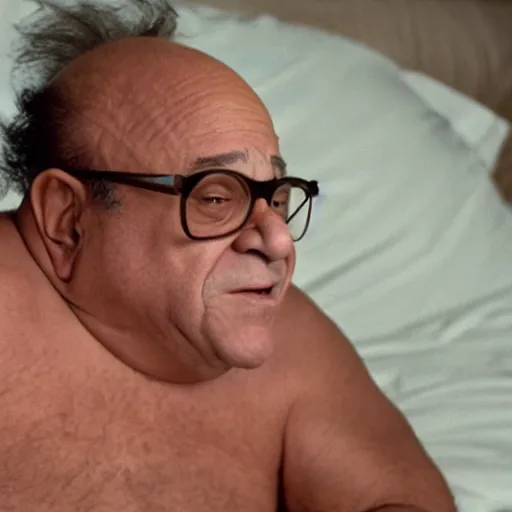 Image similar to Danny DeVito on a bed with The Predator, cinematic, studio light, 8K,