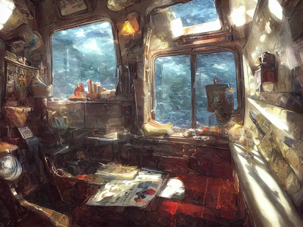 Image similar to detailed painting of a magical book laying open on the seat of a modern train car by Krenz Cushart, fantasy, dramatic light