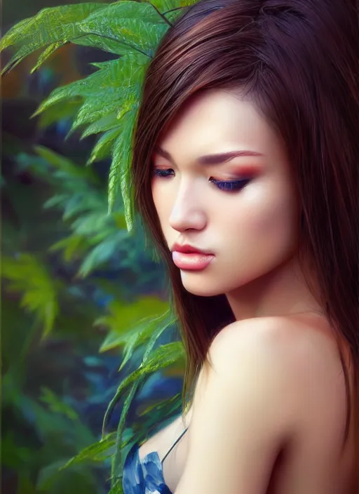 Image similar to photo of a gorgeous female in the style of stefan kostic, realistic, half body shot, sharp focus, 8 k high definition, insanely detailed, intricate, elegant, art by stanley lau and artgerm, extreme bokeh foliage, separation from background