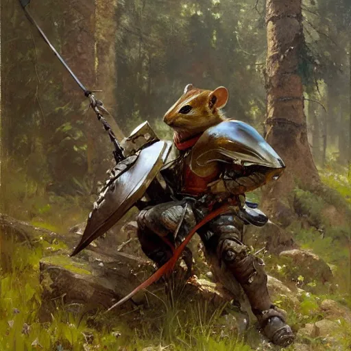 Prompt: portrait of warrior chipmunk, shiny armor, by jeremy mann, anders zorn, greg rutkowski.