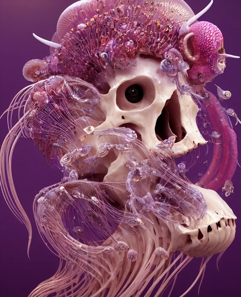 Prompt: goddess princess face close-up portrait ram skull. jellyfish phoenix head, nautilus, orchid, skull, betta fish, bioluminiscent creatures, intricate artwork by Tooth Wu and wlop and beeple. octane render, trending on artstation, greg rutkowski very coherent symmetrical artwork. cinematic, hyper realism, high detail, octane render, 8k