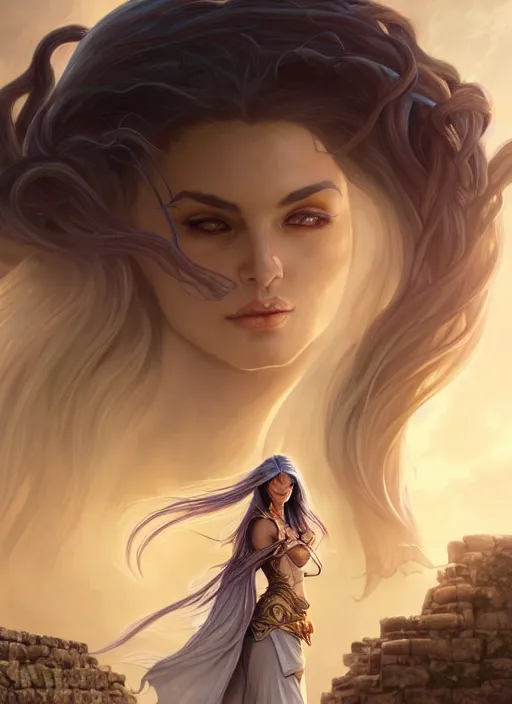 Image similar to portrait of a stunning exotic fantasy dark elf female sorcerer with long white hair flowing in the wind at the location of ancient ruins filled with magic, highly detailed, digital painting, artstation, smooth, sharp focus, illustration, art by artgerm and greg rutkowski and alphonse mucha