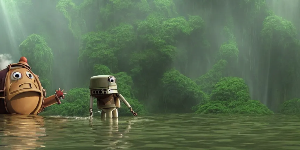 Image similar to a cell - shaded cartoon movie still from howl's moving castle ( 2 0 0 4 ) of a giant mechanical golem lifting a huge stone in a flooded rainforest valley. shafts of sunlight come from above. a ufo is in the sky. wide shot, very dull muted colors, hd, 4 k, hq