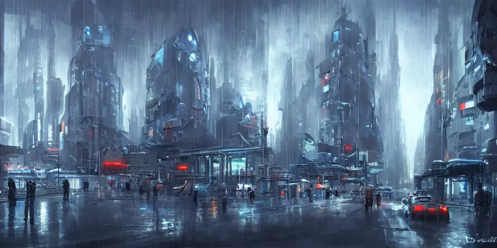 Prompt: rainy futuristic city with police robots, megacity, sci-fi, matte painting, concept art, style by dylan cole, intricate details