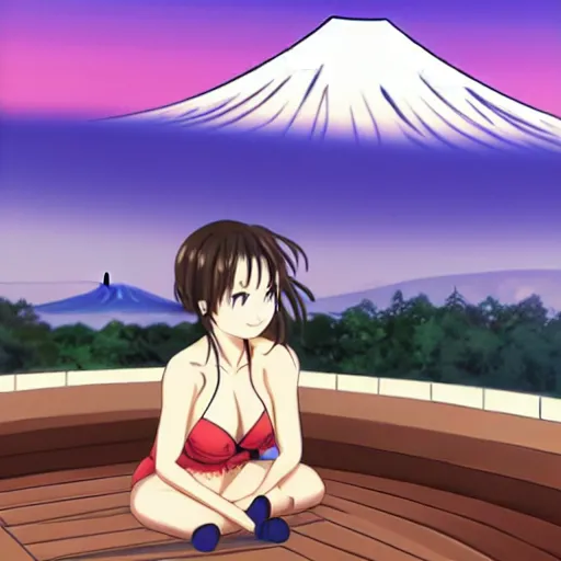 Image similar to moescape anime key visual of a slice of life girl relaxing in a sauna, mount fuji in the background, pixiv