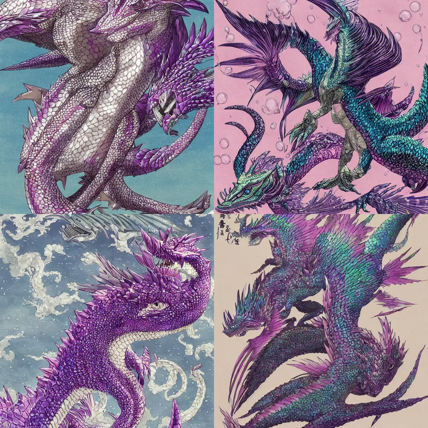 Prompt: humanoid mizutsune (Monster Hunter), a beautiful scaled and feathered wyvern, colored iridescent with white, purple and pink scales, surrounded by bubbles, leviathan, trending on artstation, beautiful, detailed coloring, accurate proportions, very cohesive, Ukiyo-e, by Takato Yamamoto