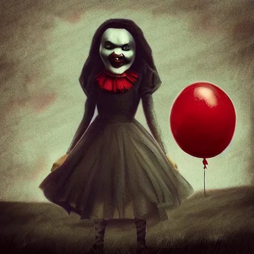 Prompt: grunge cartoon landscape sketch of bilie eilish with a wide smile and a red balloon by - michal karcz, loony toons style, pennywise style, mona lisa style, horror theme, detailed, elegant, intricate