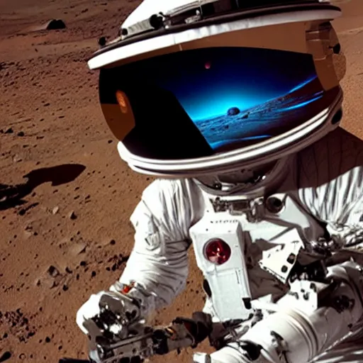 Image similar to extremely detailed photo of carl sagan looking through visor of spacesuit, mars rover in background