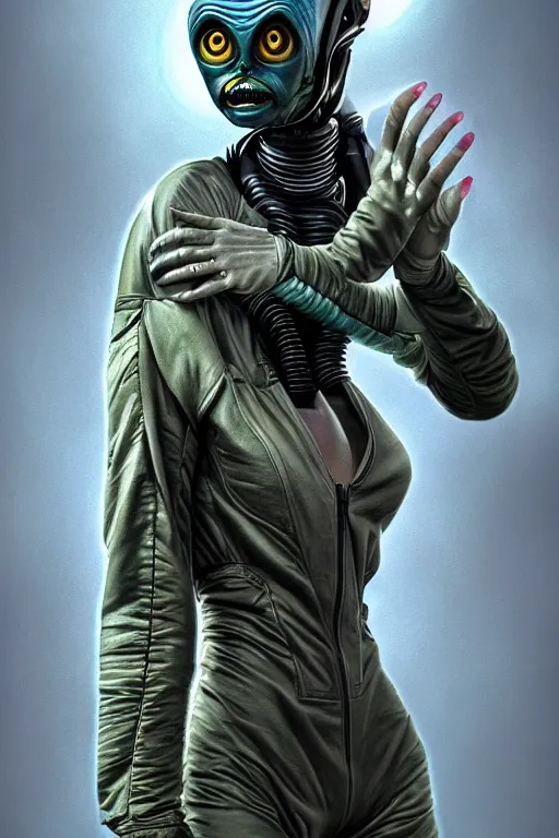 Prompt: epic professional digital photo of female alien wearing air force jumpsuit, human eyes, human mouth, airbrush painting, by neal adams and joelle julie, artstation, cgsociety, wlop, epic, much wow, much detail, gorgeous, detailed, cinematic, masterpiece