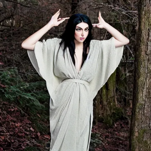 Prompt: raven haired seductive supermodel maiden with stunning light eyes with a beautiful face, fair soft skin, wearing a cloak, in a creepy forest