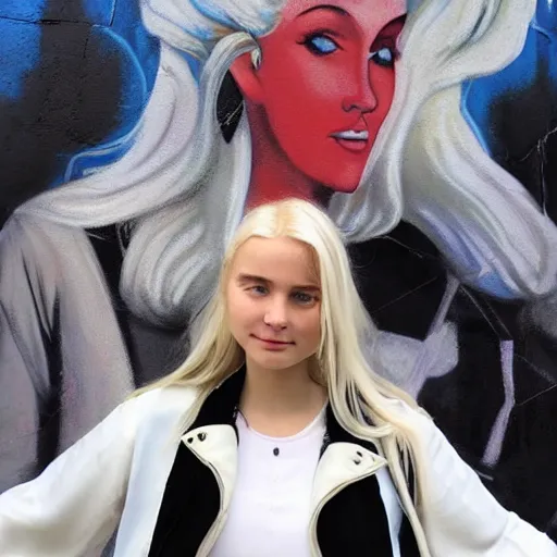 Prompt: platinum - blonde - haired hime - cut blue - eyed 1 9 - year - old french empress wearing white leggings and black silk jacket, adoring communist mural on wall, post - revolutionary era, hd photograph