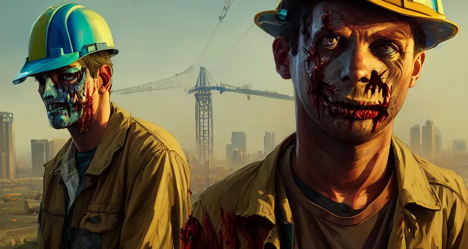 Image similar to highly detailed portrait construction worker zombie in gta v, stephen bliss, unreal engine, fantasy art by greg rutkowski, loish, rhads, ferdinand knab, makoto shinkai and lois van baarle, ilya kuvshinov, rossdraws, tom bagshaw, global illumination, radiant light, detailed and intricate environment